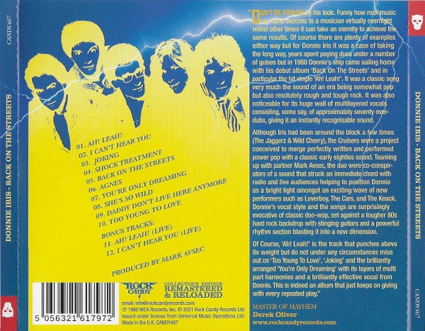 Image of Back Cover of 3514370C: CD - DONNIE IRIS, Back On The Streets (Rock Candy; CANDY467, UK 2021 Reissue, Jewel Case)   VG+/VG+