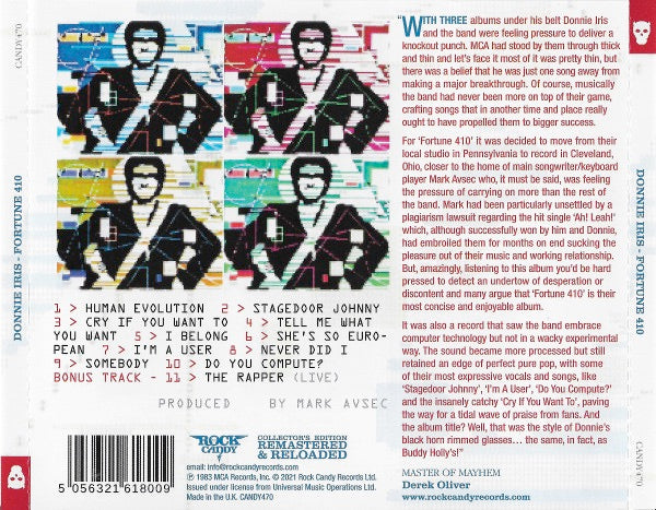 Image of Back Cover of 3514372C: CD - DONNIE IRIS, Fortune 410 (Rock Candy; CANDY470, UK 2021 Reissue, Jewel Case)   VG+/VG+