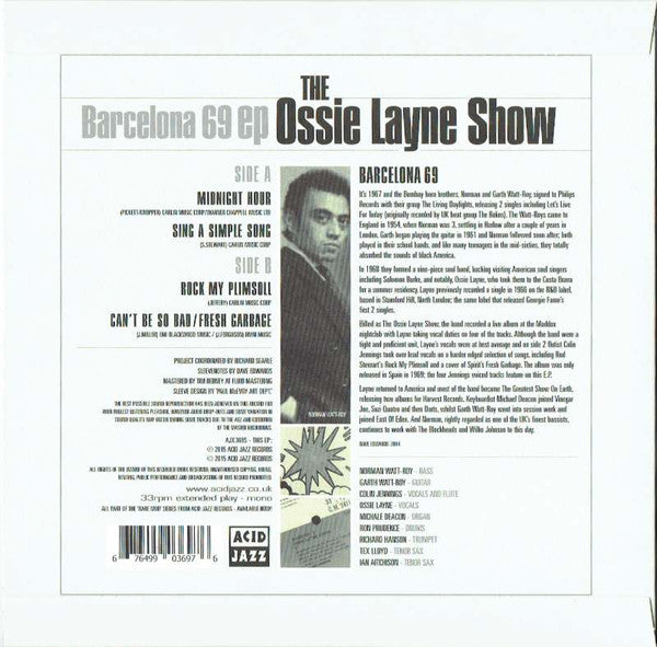 Image of Back Cover of 3524544E: 7" EP - THE OSSIE LAYNE SHOW, Barcelona 69 EP (Acid Jazz ; AJX369S, UK 2015, Flipback Sleeve, Mono)   EX/EX