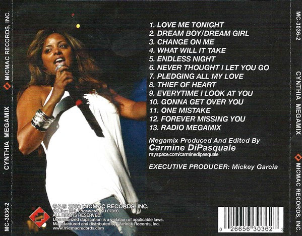 Image of Back Cover of 3534171E: CD - CYNTHIA, Megamix (Micmac Records, Inc.; MC-3036-2, US 2009, Jewel Case, Inner)   EX/EX