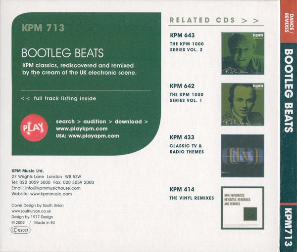 Image of Back Cover of 3514397C: LP - VARIOUS, Bootleg Beats (KPM Music ; KPM 713, UK 2009, Digipak) Disc in nice condition, closer to EX. Some light marks on plastic tray.  VG+/VG+