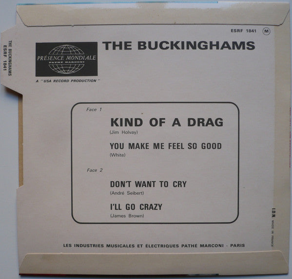 Image of Back Cover of 3524532E: 7" EP - THE BUCKINGHAMS, Kind Of A Drag (Columbia ; ESRF 1841, France 1967, Laminated Flipback Sleeve With Title Flap) Very Strong VG, Lovely Sleeve  EX/VG