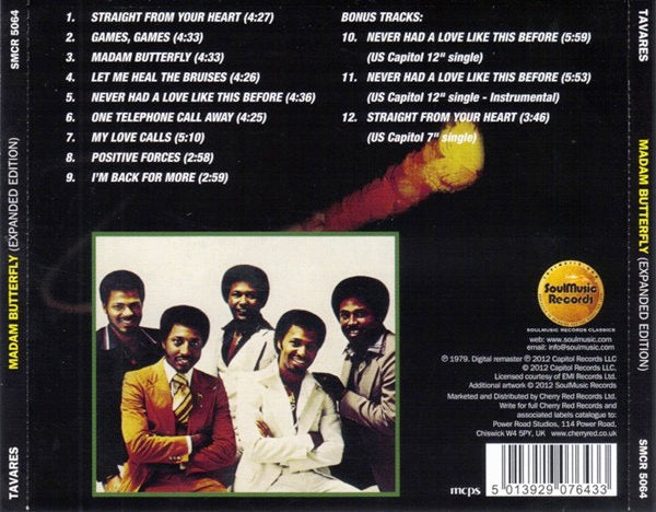 Image of Back Cover of CD - VG+/VG+ - TAVARES, Madam Butterfly (SoulMusic Records; SMCR 5064, UK 1978 Reissue, Jewel Case, Booklet), Opened Instore,  - 1456539S