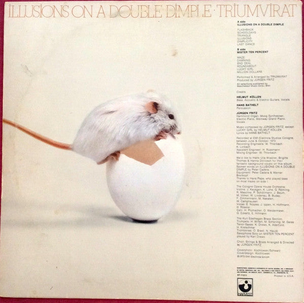 Image of Back Cover of 3624027E: LP - TRIUMVIRAT, Illusions On A Double Dimple (Harvest; ST-11311, US 1974, Insert)   VG/VG+