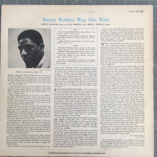 Image of Back Cover of 3624047E: LP - SONNY ROLLINS, Way Out West (Contemporary Records; S7530, US Reissue, Picture Sleeve)   VG/VG+