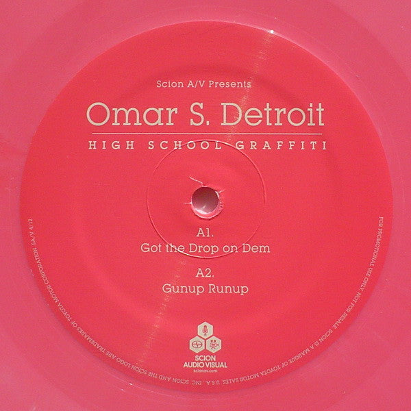 Image of Back Cover of 3624007E: 2xLP - OMAR S. DETROIT, High School Graffiti (Scion Audio/Visual; SA/V 4/12, US 2011, Picture Sleeve, 45 RPM, Disc 1: Pink Marbled Vinyl / Disc 2: Green Marbled Vinyl.)   VG/VG+