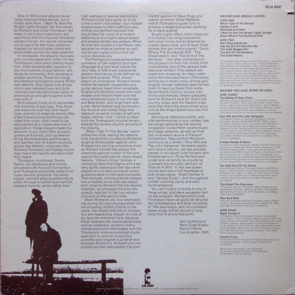 Image of Back Cover of 3614009C: 2xLP - RICHARD THOMPSON, Richard Thompson Live (More Or Less) (Island Records; ISLA 9421, US 1976, Black Inners, Pitman Pressing) Light marks only, One heavier surface mark on A side, Sleeve has some edge wear  VG/VG