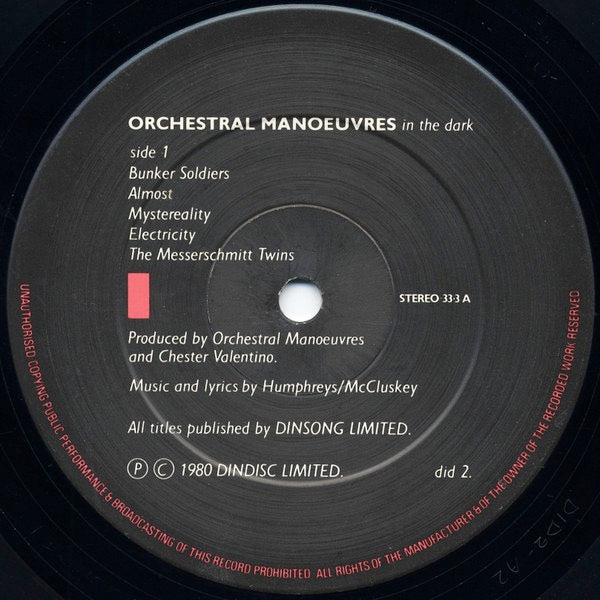 Image of Label of 3614010C: LP - ORCHESTRAL MANOEUVRES IN THE DARK, Orchestral Manoeuvres In The Dark (Dindisc; did 2., UK 1980, Die Cut Sleeve, Pink Inner, 2nd Version) Hairline marks, Sleeve has light edge wear and edge pinches, Includes hype sticker positioned at 12 o'clock  VG/VG