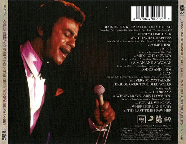 Image of Back Cover of 3614063C: CD - JOHNNY MATHIS, Raindrops Keep Fallin' On My Head (Expanded Edition) (Real Gone Music; RGM-0681, US 2018 Reissue, Jewel Case)   VG+/VG+