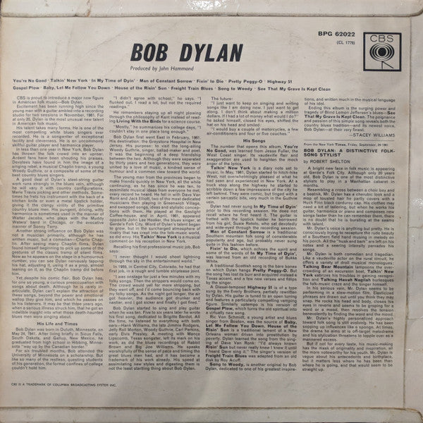 Image of Back Cover of 3624101E: LP - BOB DYLAN, Bob Dylan (CBS; BPG 62022, UK 1962, No printer credit. No"Mono" on back top right.) Lots of staining on back sleeve, creases to sleeve.   VG/G+