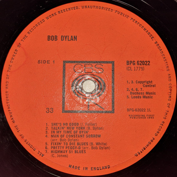 Image of Label of 3624101E: LP - BOB DYLAN, Bob Dylan (CBS; BPG 62022, UK 1962, No printer credit. No"Mono" on back top right.) Lots of staining on back sleeve, creases to sleeve.   VG/G+