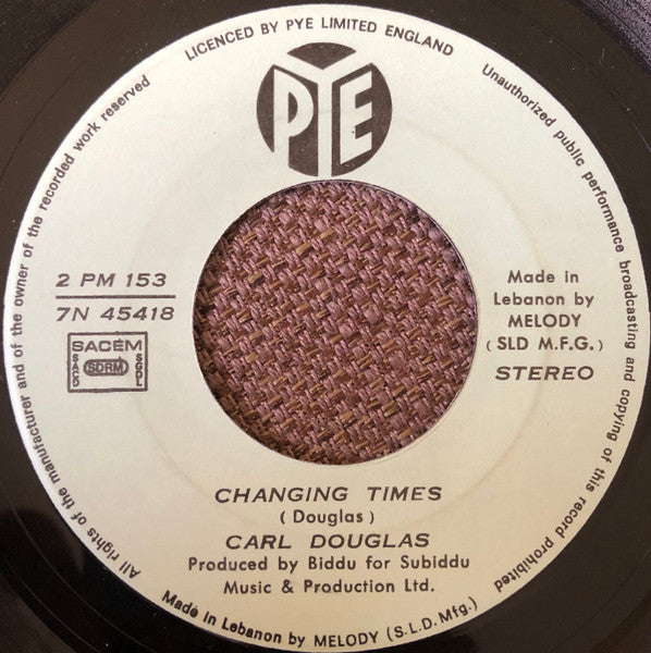 Image of Back Cover of 3654013S: 7" - CARL DOUGLAS, Dance The Kung Fu/ Changing Times (Pye Records; 7N 45418, Lebanon 1974, Company sleeve)   VG+/VG+