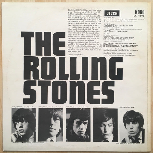 Image of Back Cover of 3624112E: LP - THE ROLLING STONES, The Rolling Stones (Decca Red Boxed; LK 4605, UK 1976 Reissue, Mono. Non-Flipback. A4 is "I Need You Baby".)   VG/VG+