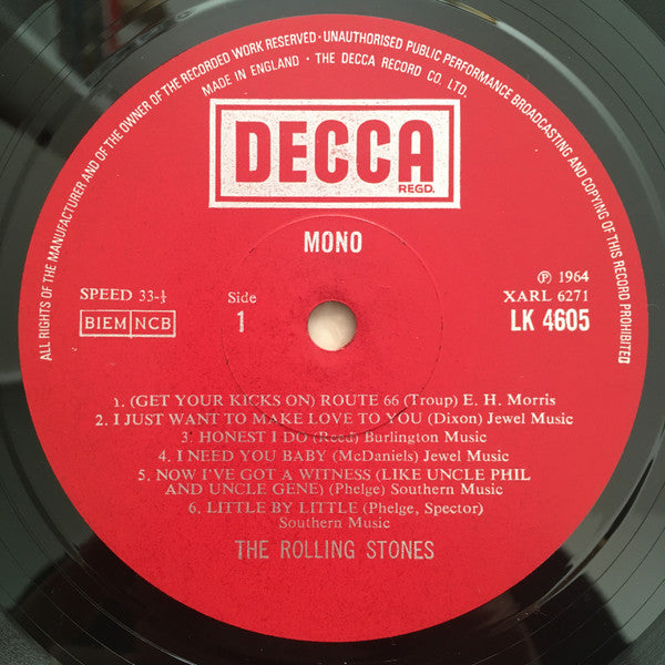 Image of Label of 3624112E: LP - THE ROLLING STONES, The Rolling Stones (Decca Red Boxed; LK 4605, UK 1976 Reissue, Mono. Non-Flipback. A4 is "I Need You Baby".)   VG/VG+