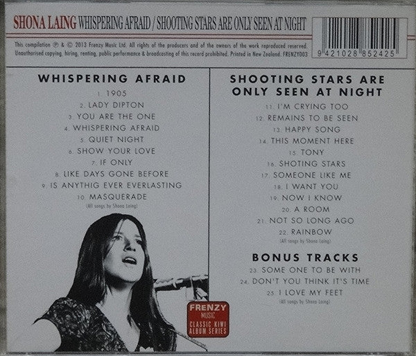 Image of Back Cover of 3634026E: CD - SHONA LAING, Whispering Afraid / Shooting Stars Are Only Seen At Night (Frenzy Music; 21542486, New Zealand 2013, Jewel Case)   VG+/VG+