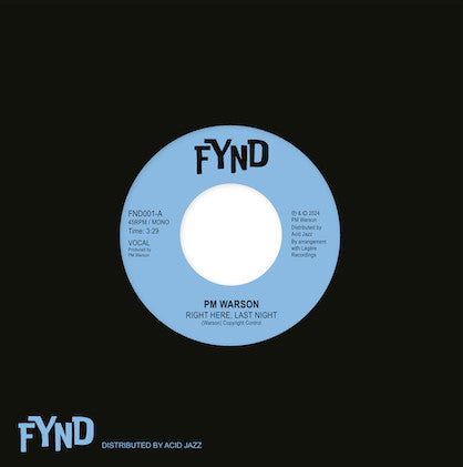 Image of Front Cover of 3654024S: 7" - PM WARSON, Right Here, Last Night/ Retrace The Steps (Fynd ; FND001, UK 2024, Company sleeve)   /EX