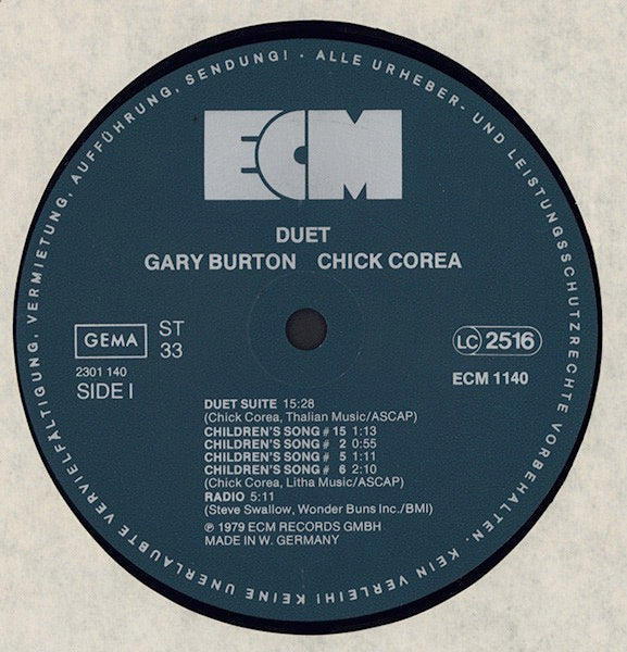 Image of Label of 3614085C: LP - GARY BURTON / CHICK COREA, Duet (ECM Records; ECM 1140, Germany 1979) Laminate sleeve peeling.   VG/VG+