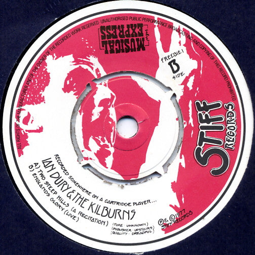Image of Back Cover of 7" - /G+ - IAN DURY & THE BLOCKHEADS IAN DURY & THE KILBURNS, Sex & Drugs & Rock & Roll... (Stiff Records; FREEBIE 1, UK 1977, Plain Sleeve), , A1 Sex & Drugs & Rock & Roll...B1Two Steep Hills (A Recitation)B2 Englands Glory (Live) - 2526485E
