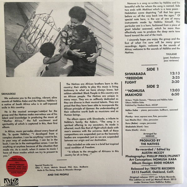 Image of Back Cover of 3624150E: LP - NDIKHO XABA AND THE NATIVES, Ndikho Xaba And The Natives (Matsuli Music; MM105, UK 2022, Insert)   EX/VG+