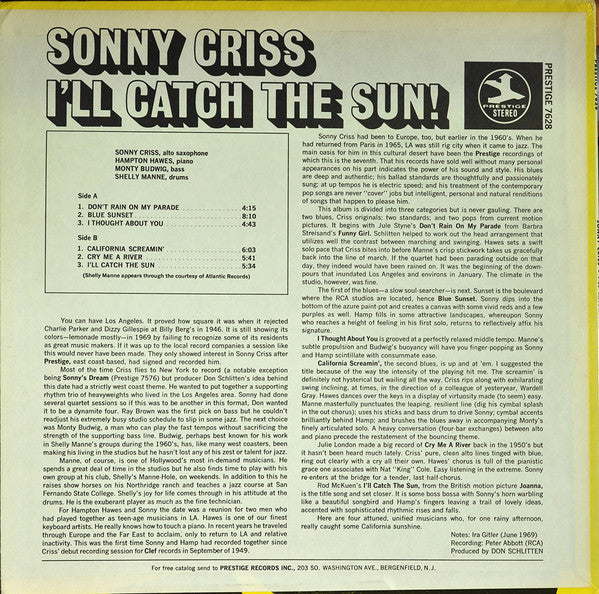 Image of Back Cover of 3644082S: LP - SONNY CRISS, I'll Catch The Sun (Prestige; PR 7268, US 1972 Reissue) Strong VG, A couple of light surface marks, Shelf wear  VG/VG