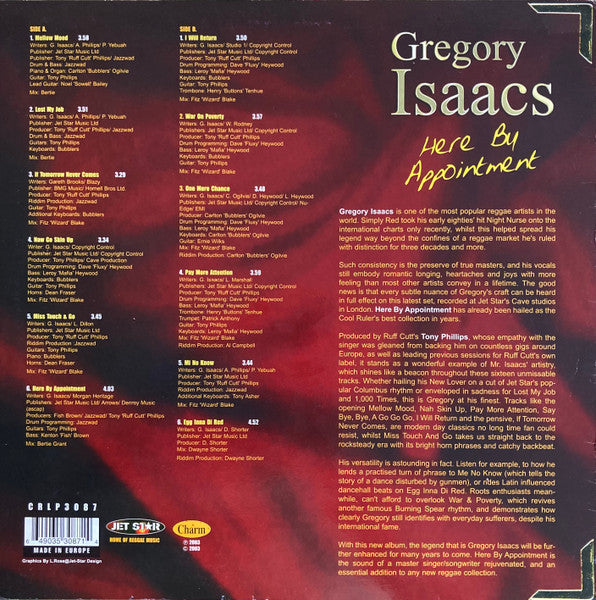 Image of Back Cover of 3624266E: LP - GREGORY ISAACS, Here By Appointment (Jet Star; CRLP3087, UK 2003, Picture sleeve) Lightest of marks. Creasing at edge of sleeve especially top left.  G+/VG+