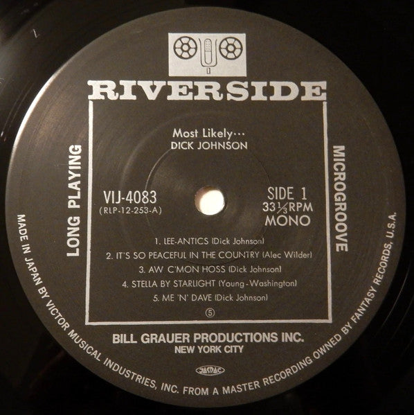 Image of Label of 3644083S: LP - DICK JOHNSON, Most Likely... (Riverside Records; VIJ-4083, Japan 1985 Reissue, Insert, With Obi) Clean Copy, Has Obi  VG+/VG+