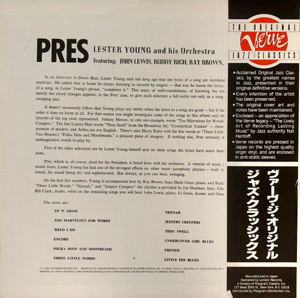 Image of Back Cover of 3644004S: LP - LESTER YOUNG AND HIS ORCHESTRA, Pres (Verve Records; UMV 2672, Japan 1981 Reissue, Insert) Notch cut into sleeve, No Obi  VG/VG+