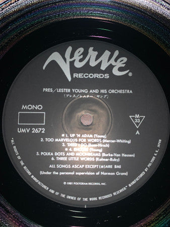 Image of Label of 3644004S: LP - LESTER YOUNG AND HIS ORCHESTRA, Pres (Verve Records; UMV 2672, Japan 1981 Reissue, Insert) Notch cut into sleeve, No Obi  VG/VG+