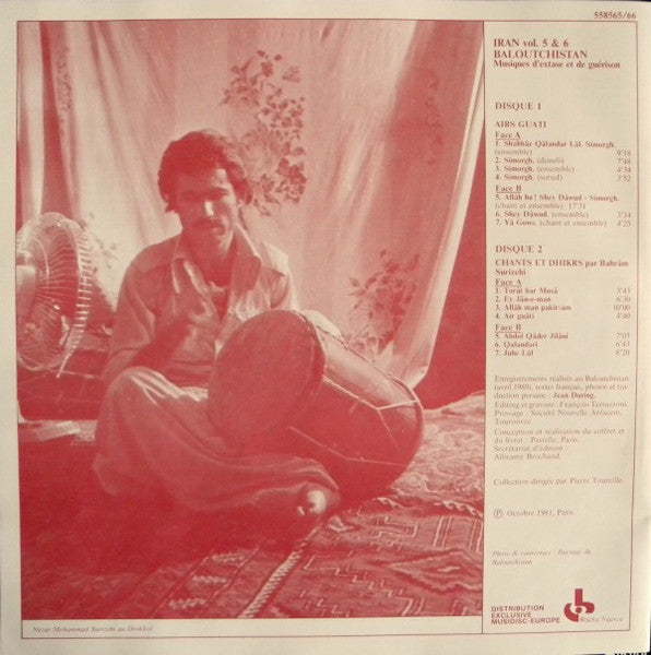 Image of Back Cover of 3644107S: 2xLP - VARIOUS, Iran 5 & 6 - Musiques D'Extase Et De Gu rison Du Baloutchistan (Ocora; 558565/66, France 1981, Box Set, Booklet) Box set is in good shape with padded inlay, edge wear, staining, split corners and some scuffing.  G+/VG