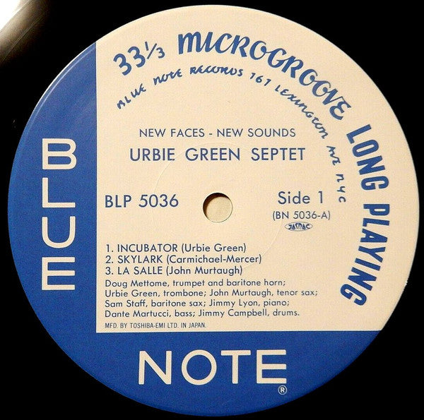 Image of Label Cover of 3644110S: LP - THE URBIE GREEN SEPTET, New Faces   New Sounds (Blue Note; New Sounds, Japan 1995 Reissue, Inner, With Obi) Clean Copy  VG+/VG+