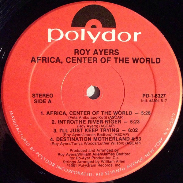 Image of Label of 3614187C: LP - ROY AYERS, Africa, Center Of The World (Polydor ; PD-1-6327, US 1981, Inner) Name written on front of sleeve. Vinyl has a few light marks.  VG/VG