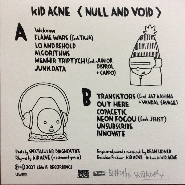 Image of Back Cover of 3614214C: LP - KID ACNE, Null And Void (Lewis Recordings; LEWIS1113, UK 2021, Screen Printed Sleeve In Stickered Plastic Sleeve, Inner, Limited Edition of 150) Limited Edition No 92/150  VG+/VG+