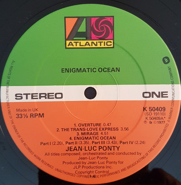 Image of Label of 3624317E: LP - JEAN LUC PONTY, Enigmatic Ocean (Atlantic; K50409, UK 1977, Picture sleeve) Light marks only. Lightest of wear to edge of sleeve.  VG+/VG