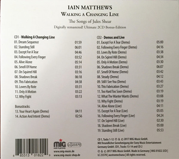 Image of Back Cover of 3634062E: 2xCD - IAIN MATTHEWS, Walking A Changing Line (MIG; MIG 01822, Germany 2017, Double Digipak, Booklet)   VG+/EX