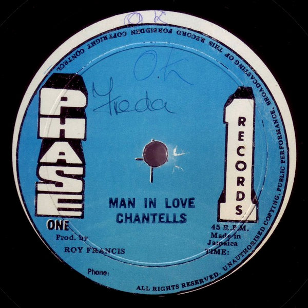 Image of Back Cover of 3614251C: 12" - CHANTELLS, Natty Supper / Man In Love (Phase One Records; none, Jamaica 1977, Plain Sleeve, Blue Labels) Lots of light marks and one feeler on "Man In Love" which clicks for a few rotations but otherwise plays okay.  /G