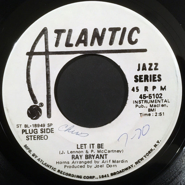 Image of Back Cover of 3654070S: 7" - RAY BRYANT, Let It Be (Atlantic; 45-5102, US 1970, Promo, Company Sleeve, Single Sided)   VG/VG+