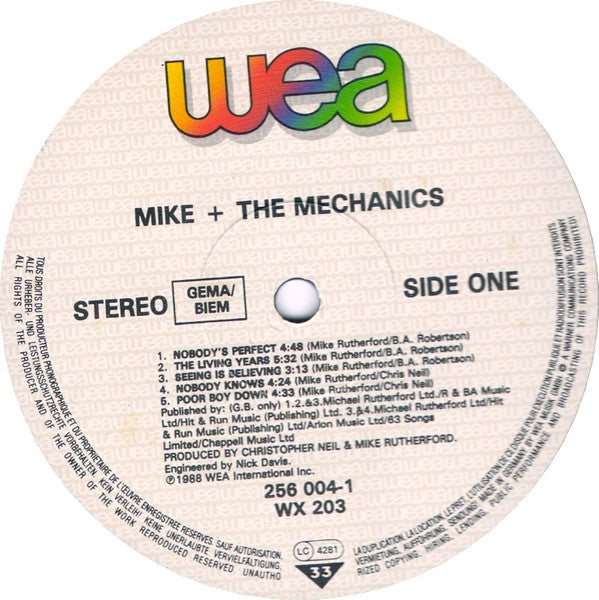 Image of Label of 3614236C: LP - MIKE & THE MECHANICS, Living Years (WEA; 256 004-1, Europe 1988, Inner, WX 203 On Rear Of Sleeve)   VG/VG+