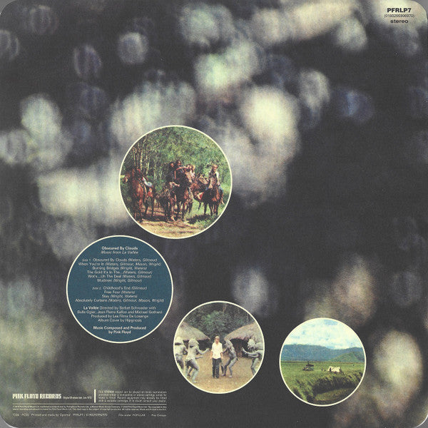 Image of Back Cover of 3624353E: LP - PINK FLOYD, Obscured By Clouds (Pink Floyd Records; PFRLP7, UK 2016 Reissue, Textured Sleeve With Rounded Corners, 180 Gram Vinyl) Strong VG, Still In Stickered Shrinkwrap  EX/VG