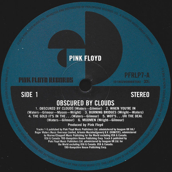 Image of Label of 3624353E: LP - PINK FLOYD, Obscured By Clouds (Pink Floyd Records; PFRLP7, UK 2016 Reissue, Textured Sleeve With Rounded Corners, 180 Gram Vinyl) Strong VG, Still In Stickered Shrinkwrap  EX/VG