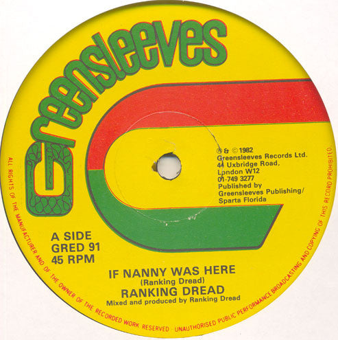 Image of Front Cover of 3624323E: 12" - RANKING DREAD / HORSEMOUTH WALLACE, If Nanny Was Here / Nanny Was Here (Greensleeves Records; GRED 91, UK 1982, Company Sleeve)   VG/VG