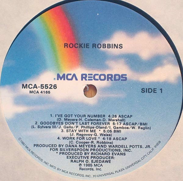 Image of Label of 3614276C: LP - ROCKIE ROBBINS, Rockie Robbins (MCA Records; MCA-5526, US 1985) Sleeve has bumped corner and a few creases  VG/VG