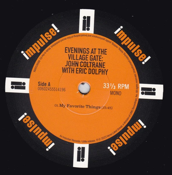 Image of Label of 3534160E: 2xLP - JOHN COLTRANE WITH ERIC DOLPHY, Evenings At The Village Gate (Impulse!; 00602455514196,  2023, Gatefold, Booklet, Mono)   NEW/NEW