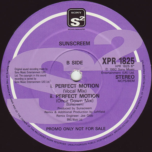 Image of Back Cover of 3624408E: 12" - SUNSCREEM, Perfect Motion (Sony Soho Square; XPR 1825, UK 1992, Plain Sleeve, .) Plays VG - Some Surface Noise  /G+