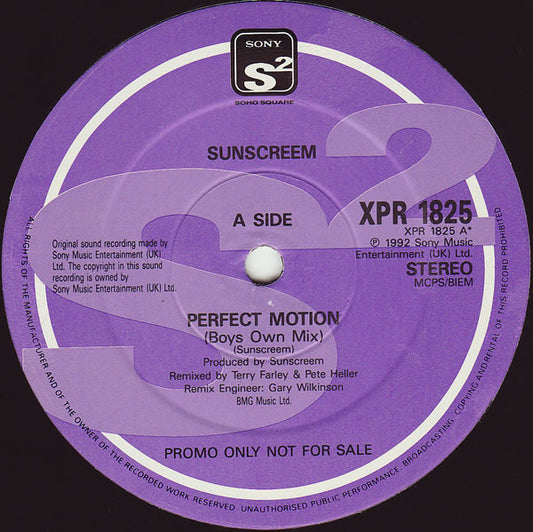 Image of Front Cover of 3624408E: 12" - SUNSCREEM, Perfect Motion (Sony Soho Square; XPR 1825, UK 1992, Plain Sleeve, .) Plays VG - Some Surface Noise  /G+