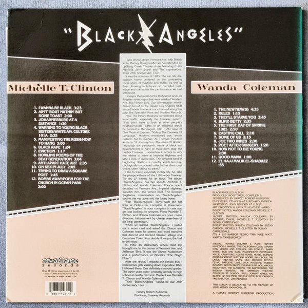 Image of Back Cover of 3614348C: LP - MICHELLE T. CLINTON & WANDA COLEMAN, Black/Angeles (New Alliance Records; NAR-031, US 1988, Inserts) Record lightly fogged. Sleeve has corner cut and some creases / wear  VG/VG+