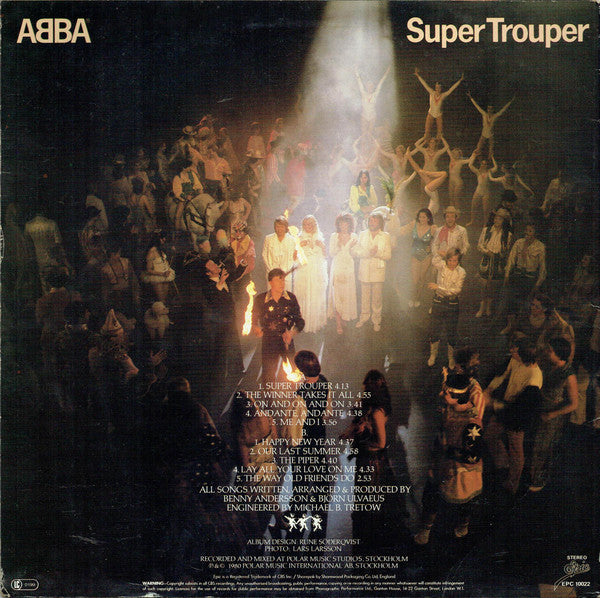 Image of Back Cover of LP - VG/VG - ABBA, Super Trouper (Epic Light Blue / Yellow Logo; EPC 10022, UK 1980, SAAB Competition Sleeve, Inner, Asterix on B side Label Only), ,  - 2646052S