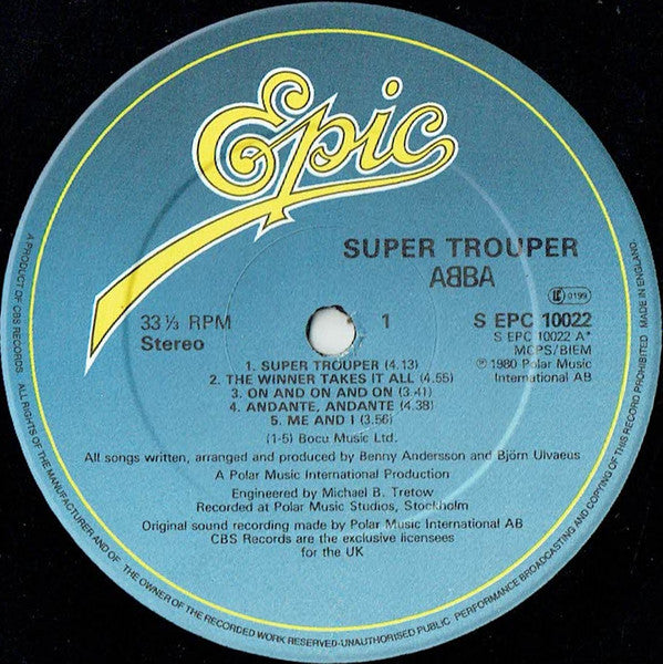 Image of Label Cover of LP - VG/VG - ABBA, Super Trouper (Epic Light Blue / Yellow Logo; EPC 10022, UK 1980, SAAB Competition Sleeve, Inner, Asterix on B side Label Only), ,  - 2646052S