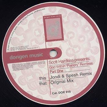 Image of Front Cover of 3624314E: 12" - SCOTT HARDKISS PRESENTS GOD WITHIN, Raincry (Remixes Part One) (Dorigen Music ; DOR 015, UK 2000, Company Sleeve)   VG/VG+