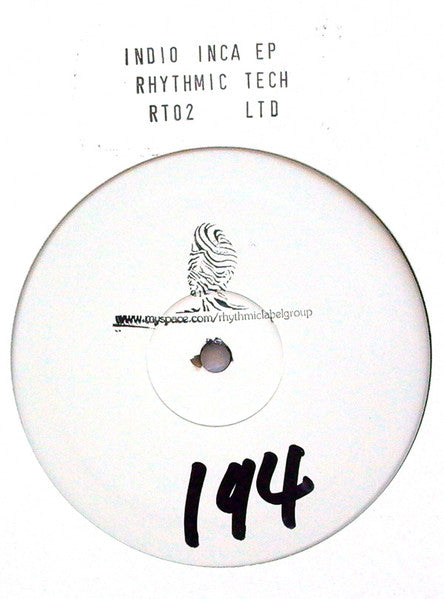 Image of Back Cover of 3624458E: 2x12" - INDIO, Inca EP (Rhythmic Tech; RT-001 / RT-002, US 2008, White Label., Stamped Sleeves, Inner, Limited Edition, Numbered.) Number 019  VG/VG+