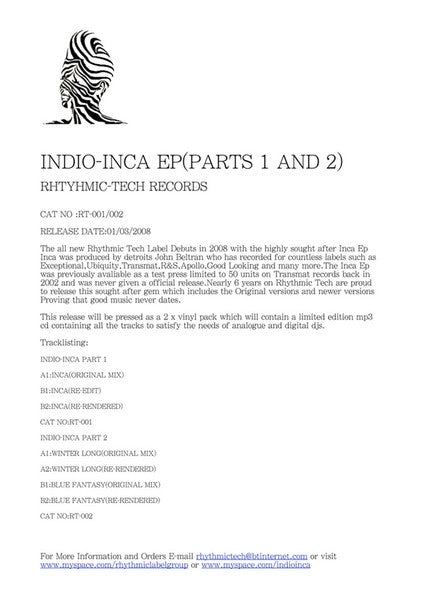 Image of Label Cover of 3624458E: 2x12" - INDIO, Inca EP (Rhythmic Tech; RT-001 / RT-002, US 2008, White Label., Stamped Sleeves, Inner, Limited Edition, Numbered.) Number 019  VG/VG+